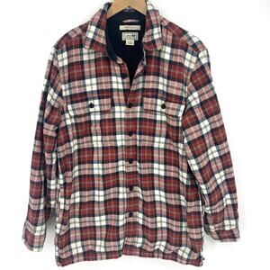 L. L. Bean Mens Fleece Lined Flannel Plaid Shacket Size Medium Red Black